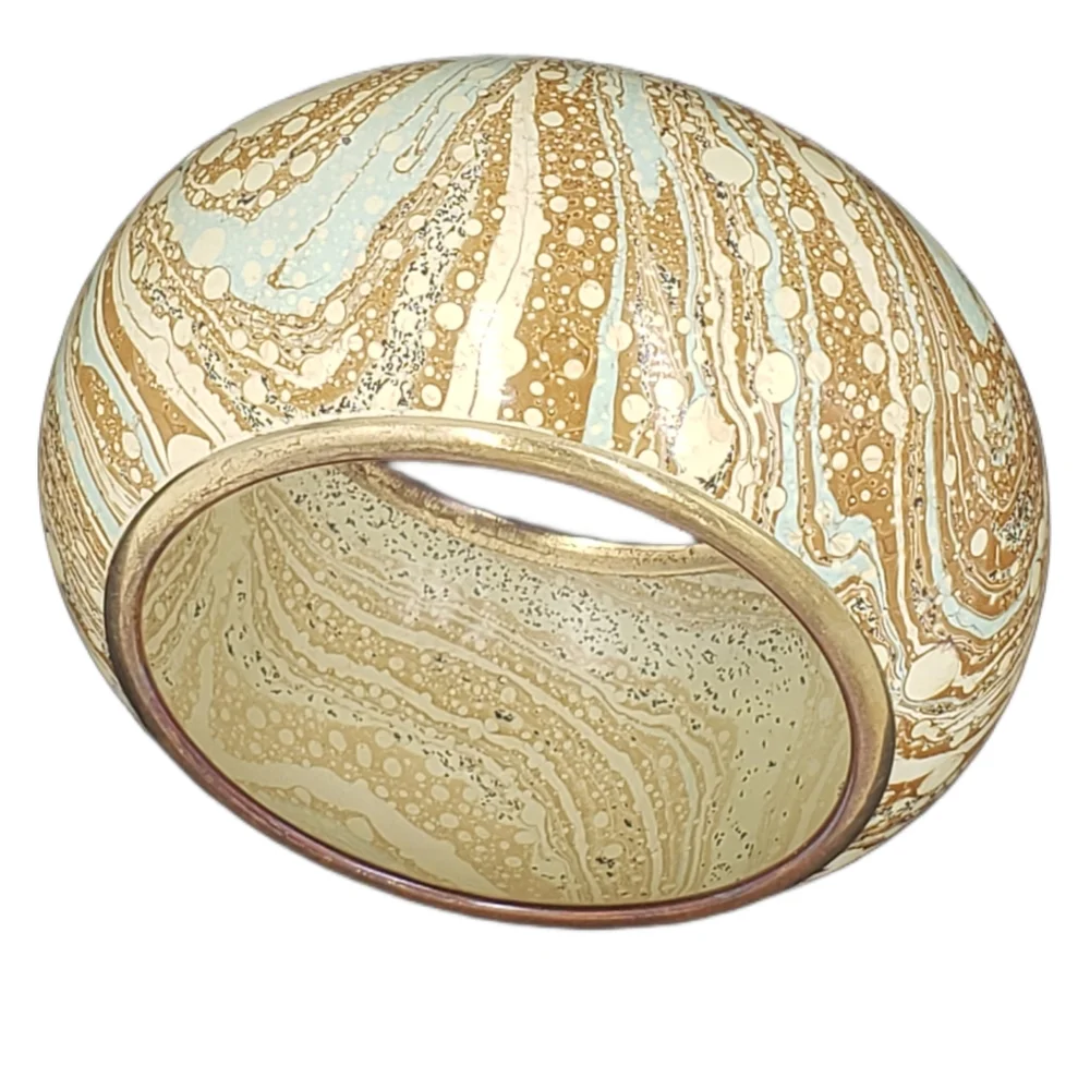 Vintage bangle bracelet brass‎ and enamel cream, aqua, tan
